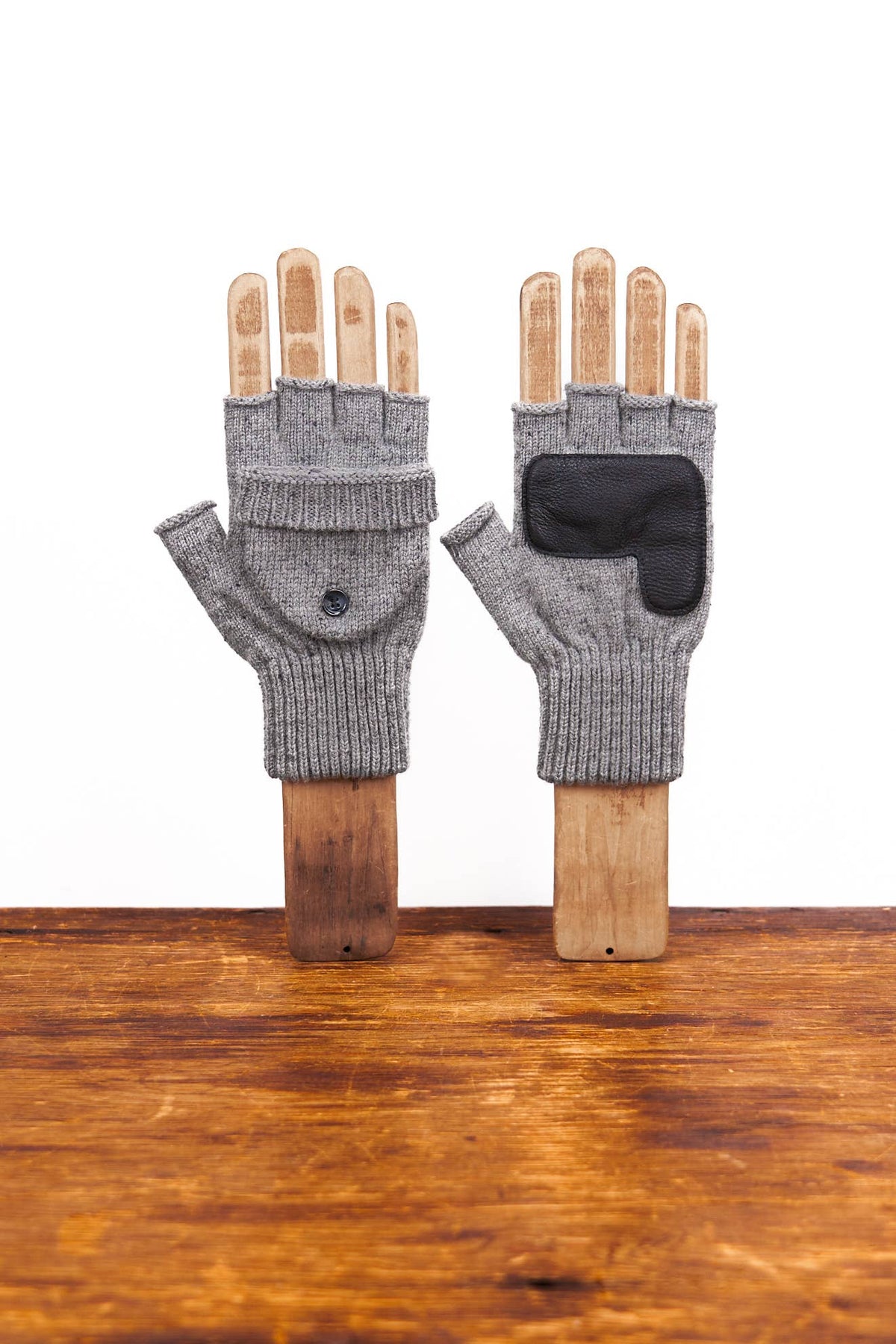 Grey Tweed Original Ragg Wool Convertible Fingerless Glomitt with Deerskin Patch