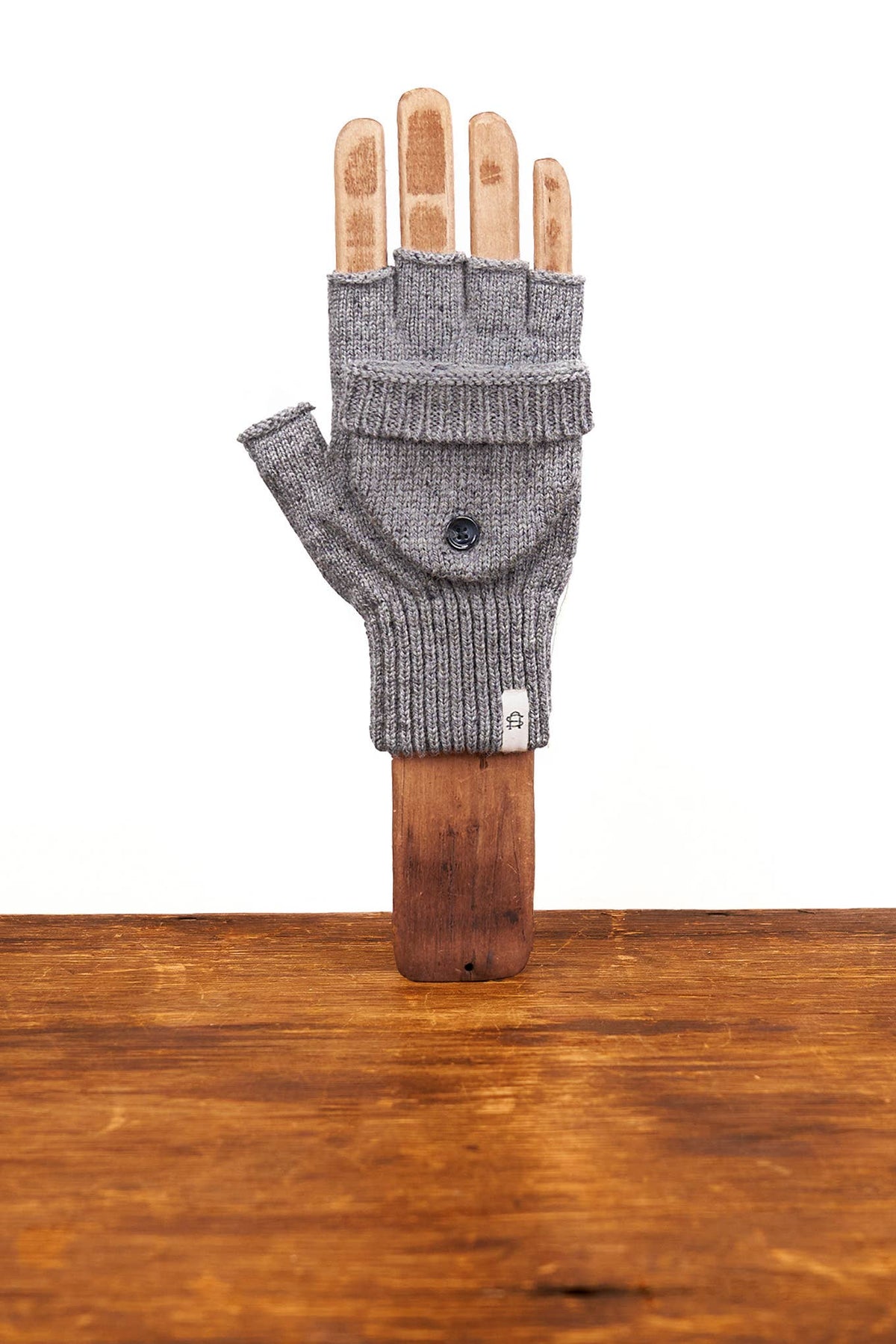 Grey Tweed Original Ragg Wool Convertible Fingerless Glomitt with Deerskin Patch